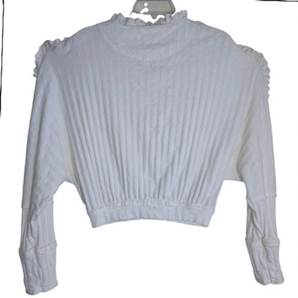 Free People More Romance Top Women Medium Cream Ruffle Lace Ribbed Boho EUC